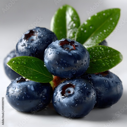 Fresh blueberries with dew drops and leaves