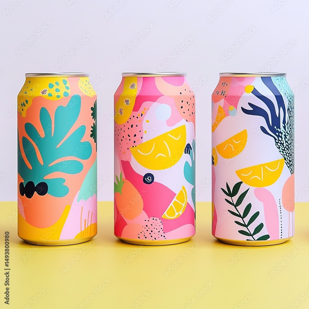 Fototapeta premium Tropical summer soda cans with artistic fruity designs. AI generated image