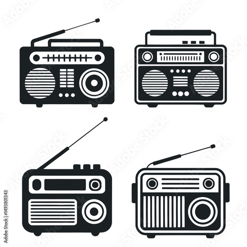 Collection of Retro Radio and Boombox Icons in Black and White