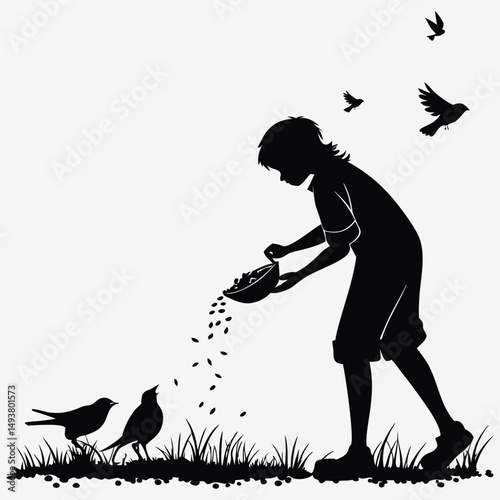 A person feeding birds in the morning image silhouette design vector art and illustration