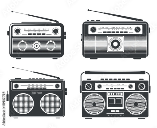 Set of Vintage Radios Collection in Black and White, Retro Audio Equipment Vector Illustration