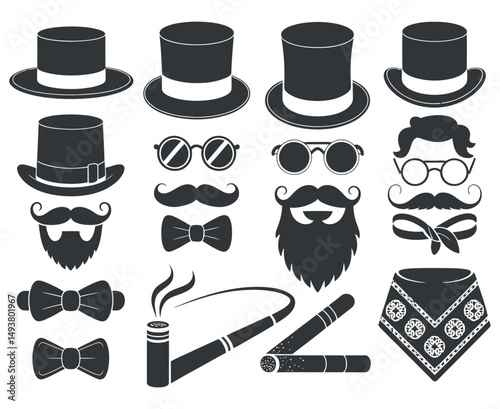 Collection of Gentleman Accessories Icons Top Hats Bow Ties Mustaches Glasses and Smoking Pipe