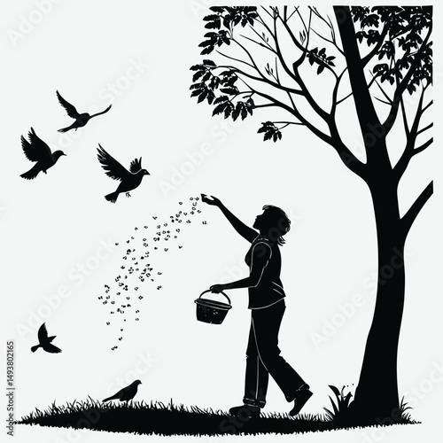 A person feeding birds in the morning image silhouette design vector art and illustration