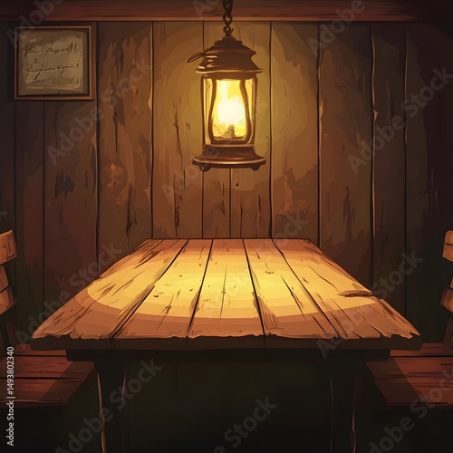 Rustic Wooden Table Illuminated by Glowing Lantern - Ambient Lighting Concept for Home Decor