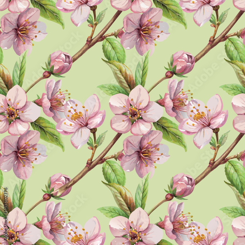 Apple cherry pink blossom bloom hand painted colorful botanical vector seamless pattern