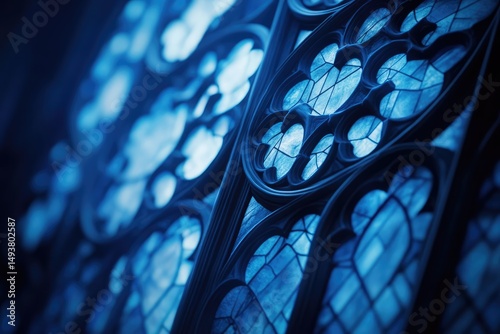Intricate blue stained glass window, showcasing Gothic architecture's detailed craftsmanship.