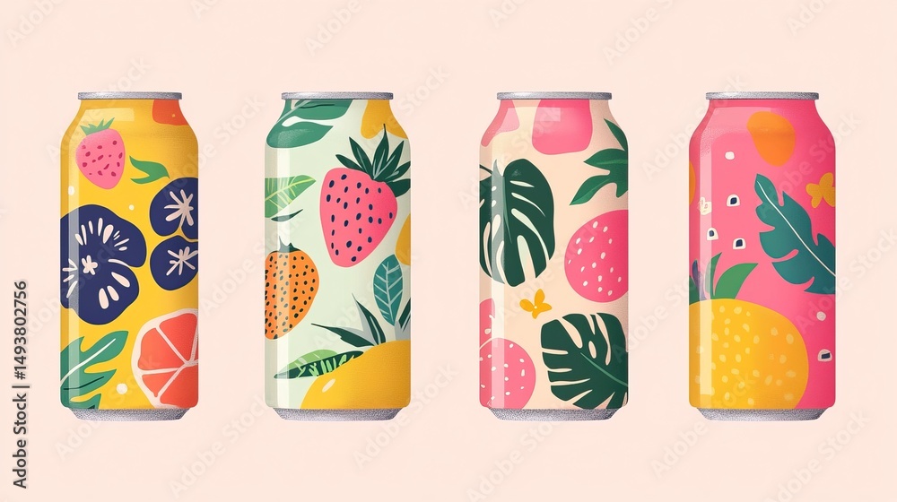 Fototapeta premium Summer soda can artwork with vibrant fruity patterns. AI generated image