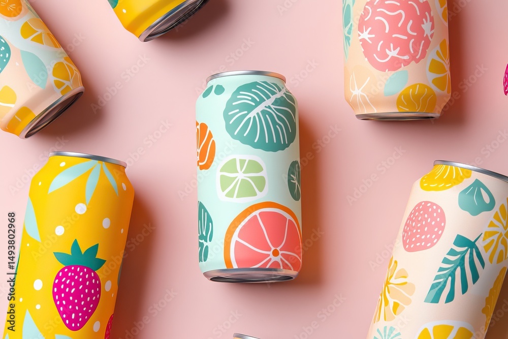 Obraz premium Summer soda can artwork with vibrant fruity patterns. AI generated image