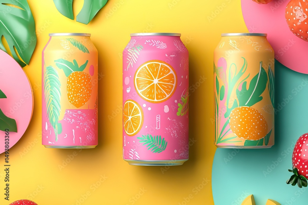 Fototapeta premium Summer soda can artwork with vibrant fruity patterns. AI generated image