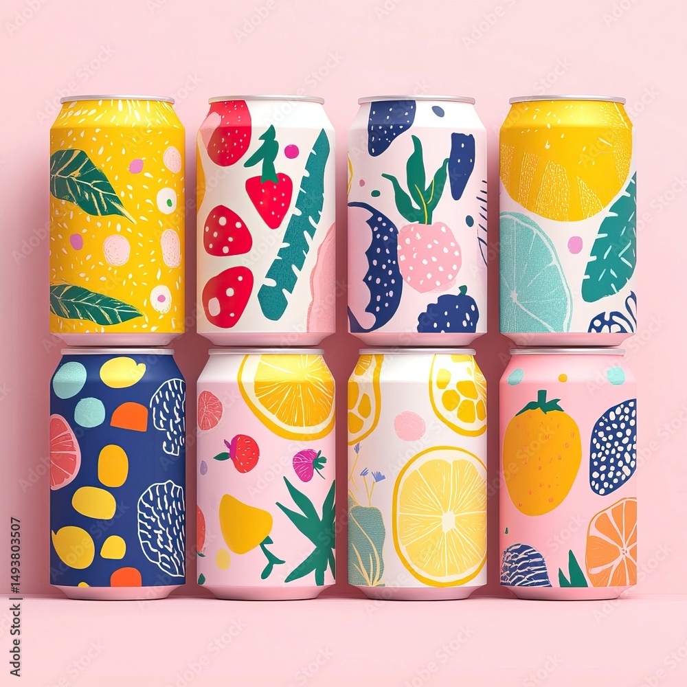 Obraz premium Summer-inspired fizzy drink cans with bold fruit graphics. AI generated image