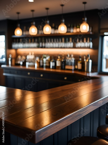 Dark wooden bar counter top, blurred background