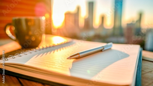 A close-up photograph of a notebook and pen on a city balcony during sunset