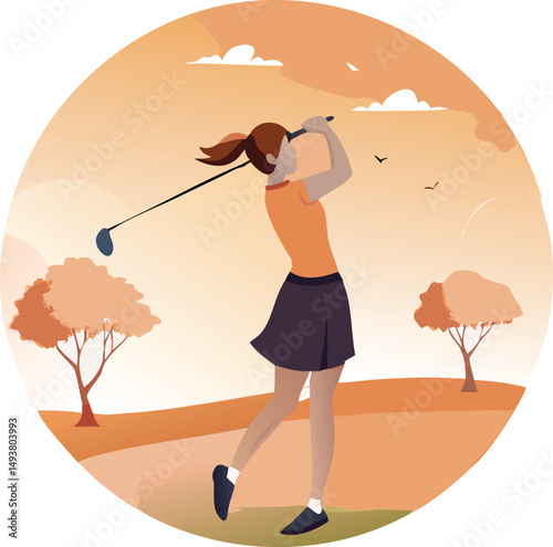 Silhouette of a Female Golfer Swinging a Golf Club on a Scenic Golf Course at Sunset