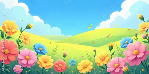 Colorful flowers in a field with rolling hills and blue sky. Spring or summer landscape with blooming flora for nature print.