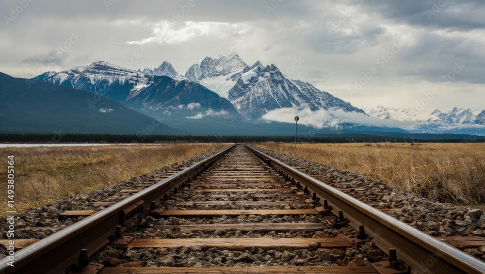 Fototapeta premium Lonely Train Tracks Through Foggy Field Leading to Snow Capped Mountains