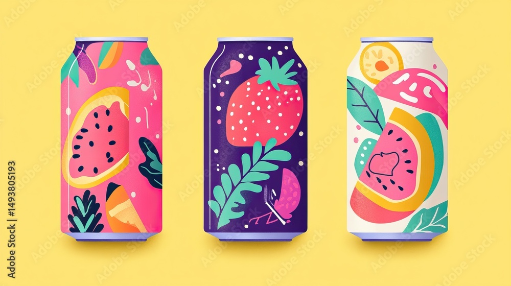 Obraz premium Playful fruit soda cans for a refreshing summer vibe. AI generated image