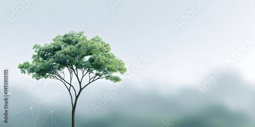 Eco-friendly growth concept with green leaves and trees emerging among abstract city skyscrapers. Soft blue, green, and white palette, perfect for sustainability, business, or environmental projects.