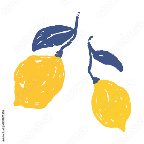 Grunge Brush Stroke Lemon set. Creative grungy brush sketch painted lemons, whole lemon fruits. For design, stickers, decoration, paper