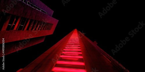 Vertigo-inducing extreme vertical shot of imposing black monolithic skyscraper with glowing red vertical light strips,