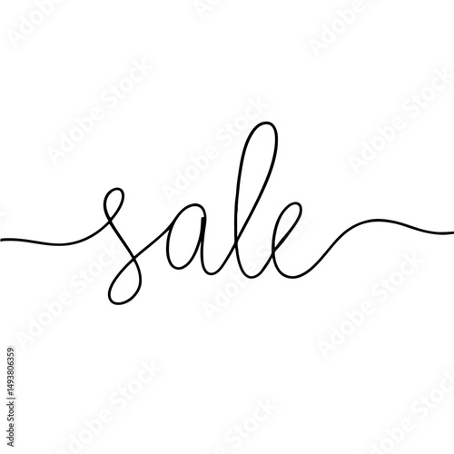 Handwritten black cursive word "sale" on a clean white background, minimalistic design concept of retail, e-commerce, and marketing promotions