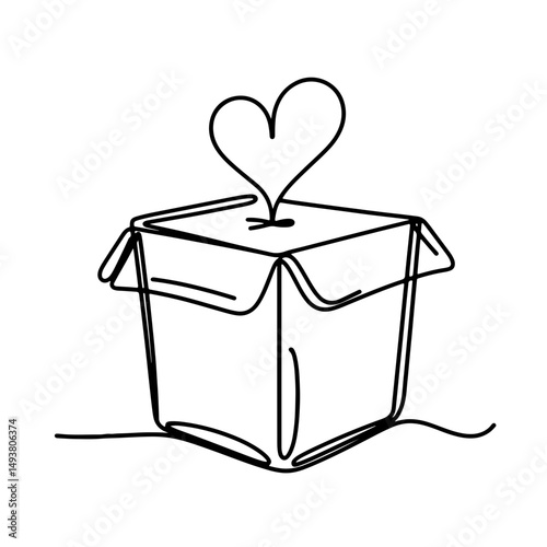 Minimalist heart emerging from an open box in a simple black line art style on a white background, representing love and care, concept of charity or gifting