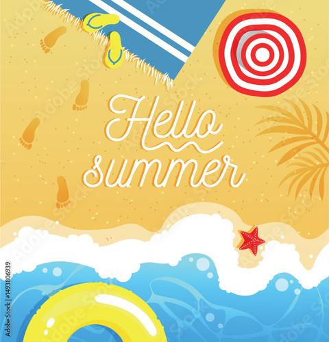 the poster is an image of a beach and a sea with the inscription hello summer