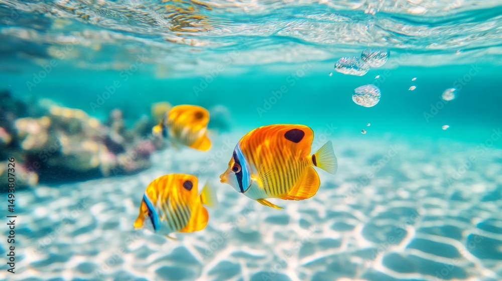 Fototapeta premium Group of fish swimming together in shallow ocean water near sandy seafloor