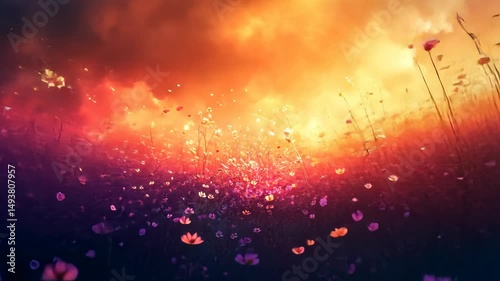 Vibrant wildflowers bloom under a fiery, sunset sky.  Petals drift, creating a magical, surreal scene