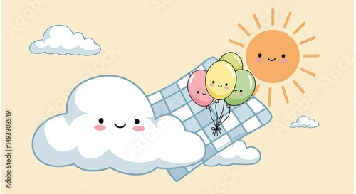 Cute Cloud and Balloons Enjoying a Sunny Day with Fluffy Clouds and Blue Sky