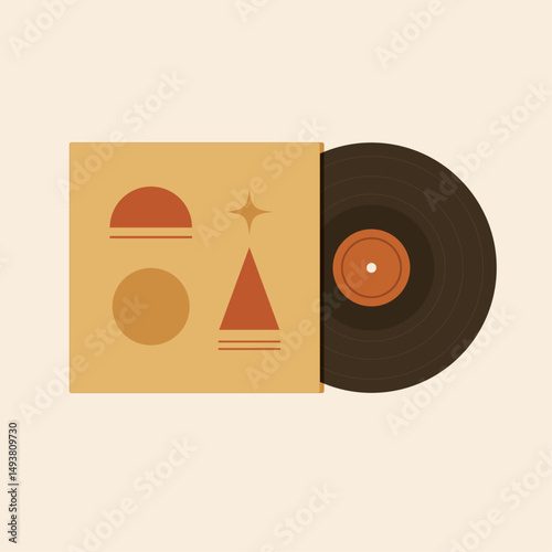 vinyl record retro art red label with album cover. minimalist vector illustration, flat design, beige background