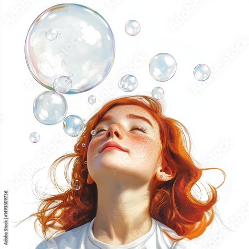 A young girl with striking red hair joyfully blowing bubbles, illustrating playfulness and childhood wonder