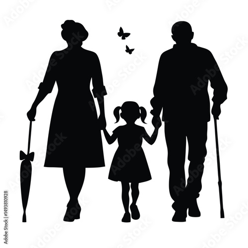 Silhouette illustration of a family walking together with butterflies on white background