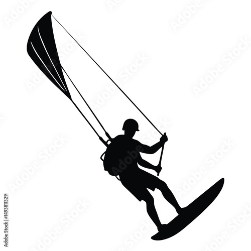 Silhouette of a kitesurfer gliding on water with a kite under a white background