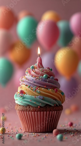 Colorful Cupcake With Frosting and Candle Surrounded by Festive Balloons for ...