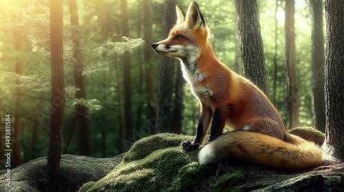 A beautiful fox sits on mossy rocks in the forest. The sun shines through the trees and illuminates its fur. The photograph is realistic.