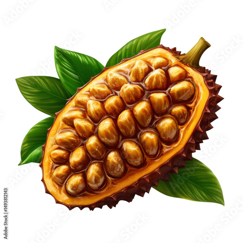 Ripe cacao pod showing seeds and pulp with transparent background