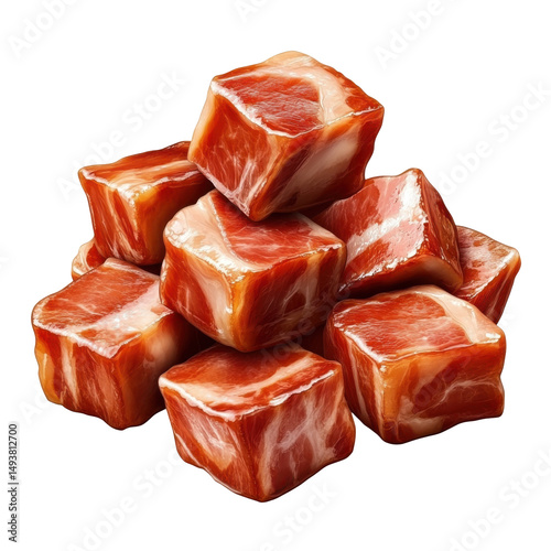 Stack of freshly cut meat cubes on transparent background