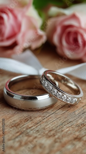 Elegant Wedding Rings With Pink Roses on Wooden Table for Romantic Celebration