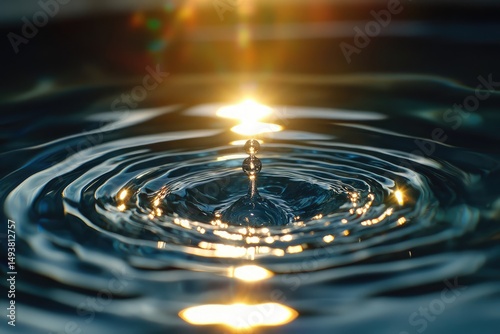 A water droplet falling, creating concentric ripples on the surface, illuminated by sunlight.