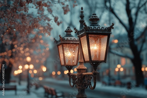 Winter Evening Street Illuminated by Vintage Lanterns in a Cozy Urban Setting