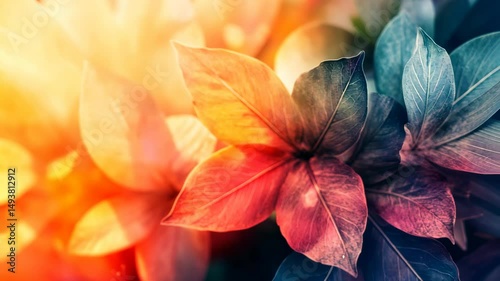 Vivid autumn leaves in warm, vibrant hues, bathed in sunlight