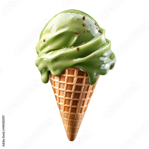 Pistachio ice cream melting in waffle cone on transparent background