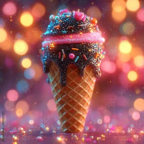 Ice Cream Cone with Sprinkles and Bokeh Lights