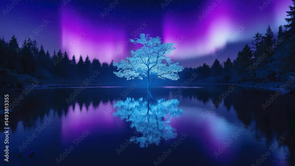 Magical Glowing Tree Reflecting in Lake Under Aurora Borealis Sky Magical Glowing Tree Reflecting in Lake Under Aurora Borealis Sky