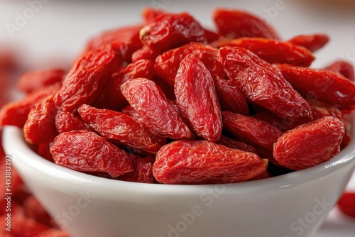 A close-up shot of vibrant, red goji berries piled in a white bowl, showcasing their wrinkled texture and rich color, ideal for healthy snack concepts and superfood trends.