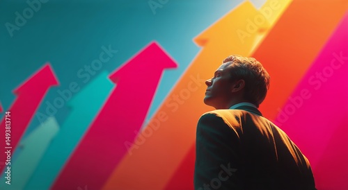 Business Professional Admires Colorful Growth Arrows in a Creative Workspace ...