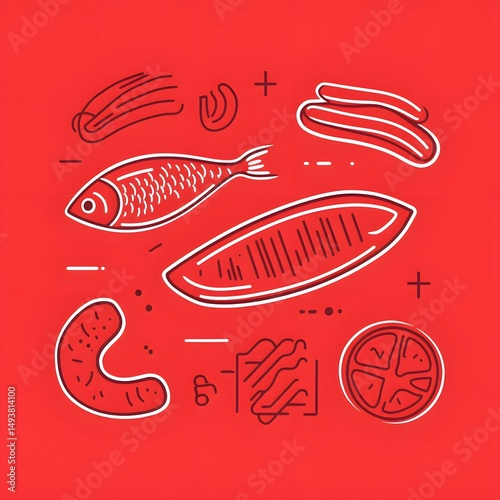 Assortment of Meat Products Set Icons Including Fish, Smoked Sausage and Bacon