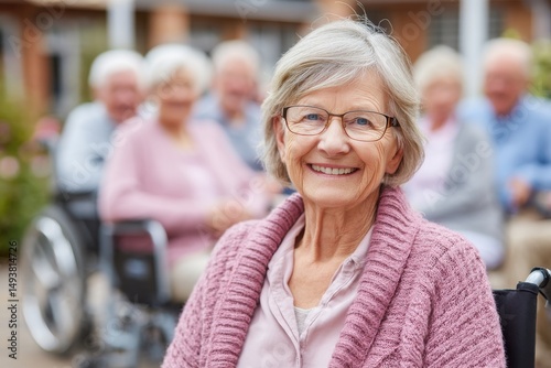 Portrait of a smiling senior woman in wheelchair with her friends in background, enjoying life in retirement home, filled with joy and companionship.
