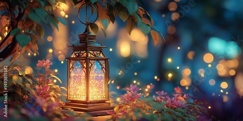 Lantern Glows Softly Amidst Flowers in a Tranquil Garden at Twilight