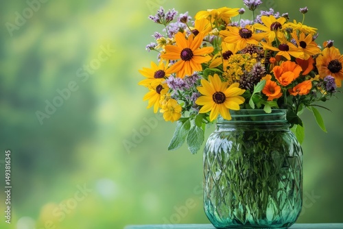 Vibrant summer wildflowers, including black-eyed Susans and calendula, arranged in a rustic green glass jar.